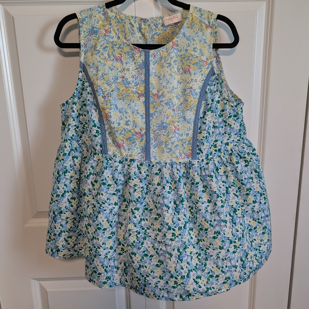 Blue and Yellow Floral Tank Top with Bubble Hem